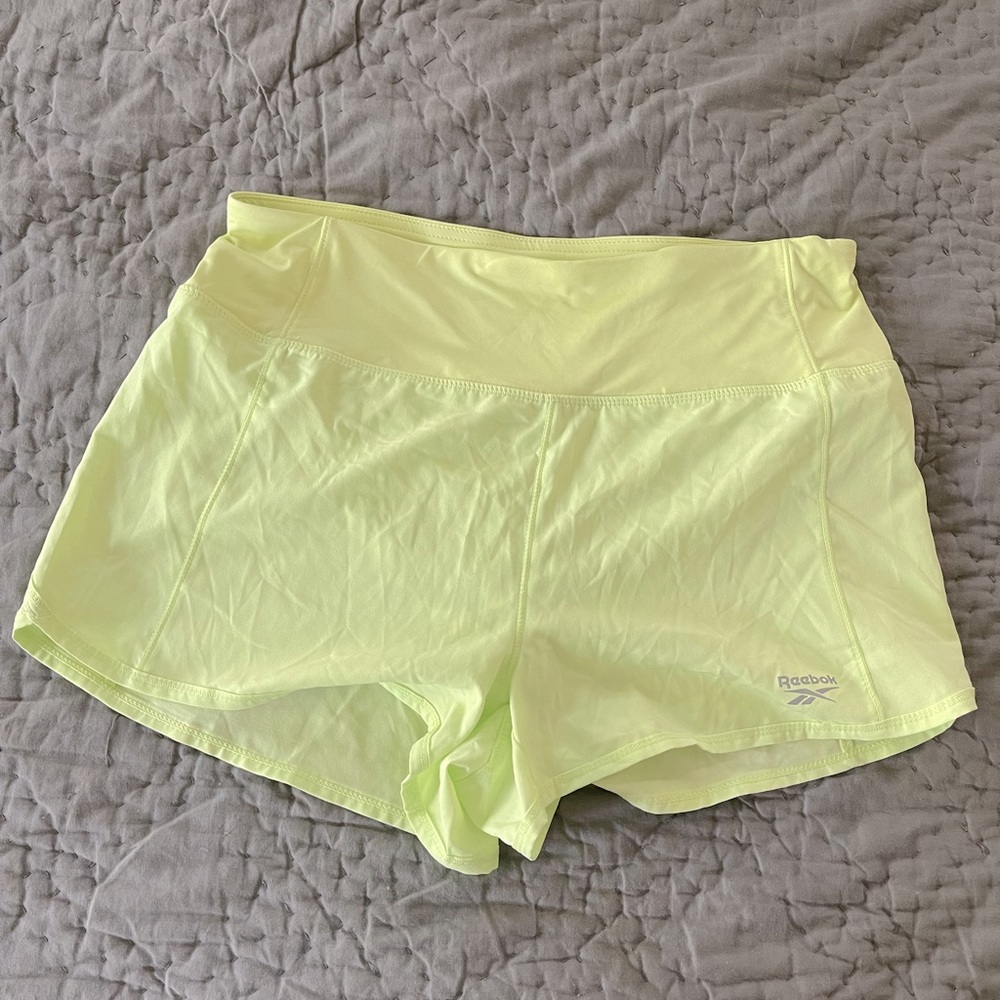Reebok Neon Yellow Lime Athletic Shorts built in briefs running medium card hold